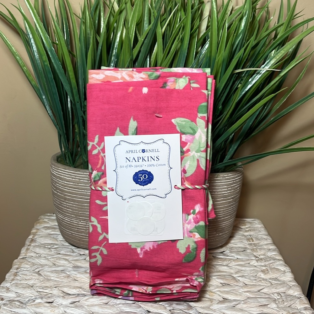 April Cornell Cottage Rose Napkins Pink Floral Set of 8 16" X 16" 100% Cotton